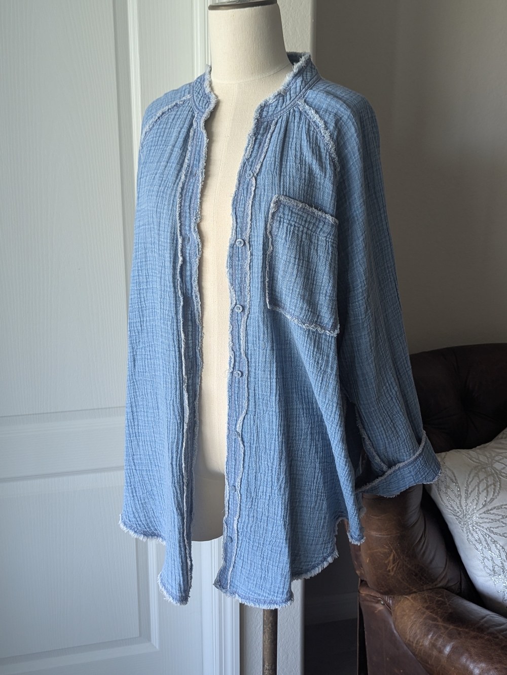 Light Blue Button-Front Gauze Shirt